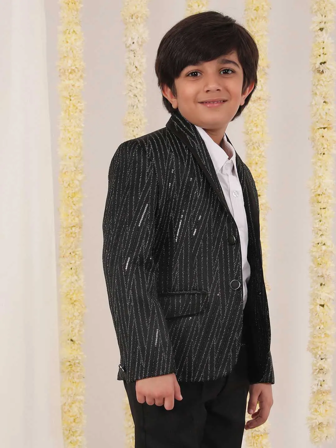 VASTRAMAY Boy's Black Sequined Blazer