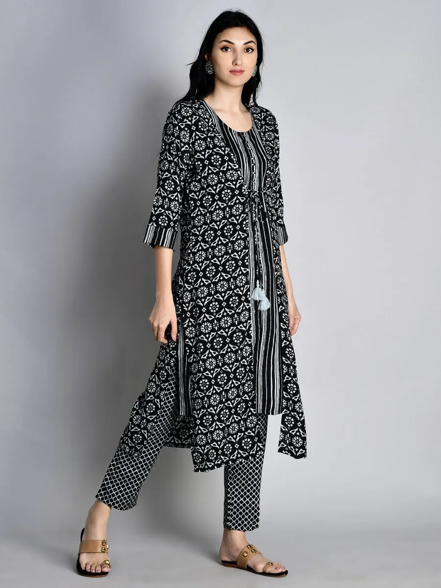 Women Black Stripe Printed Kurta Trouser Jacket