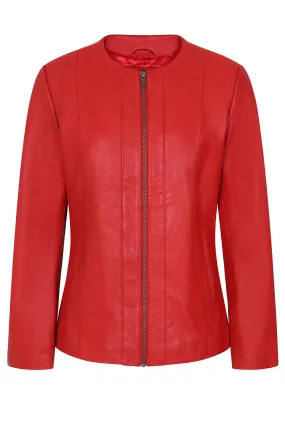 Women's Classic Red Real Leather Jacket No Collar - 'DEBORAH NC'