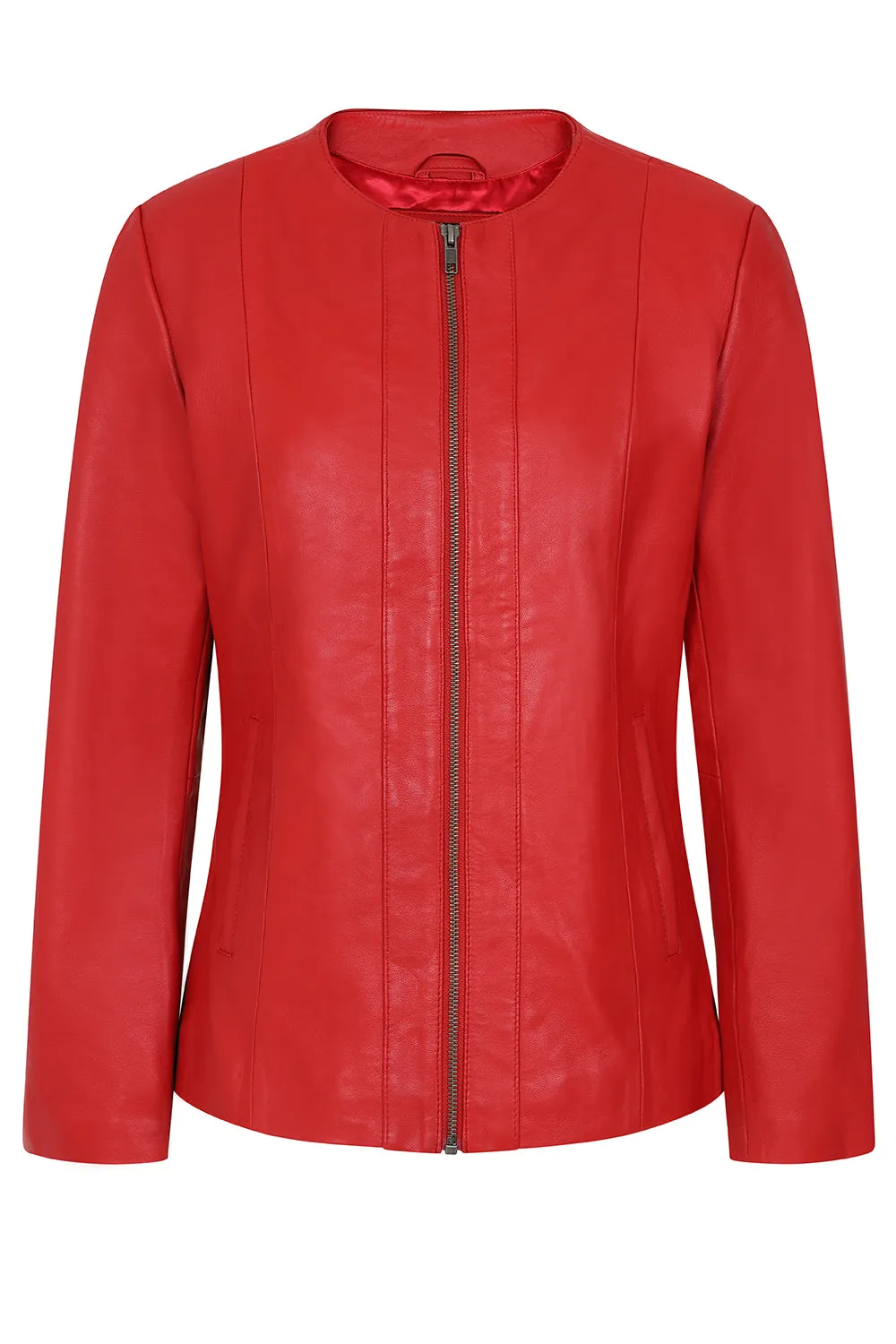 Women's Classic Red Real Leather Jacket No Collar - 'DEBORAH NC'