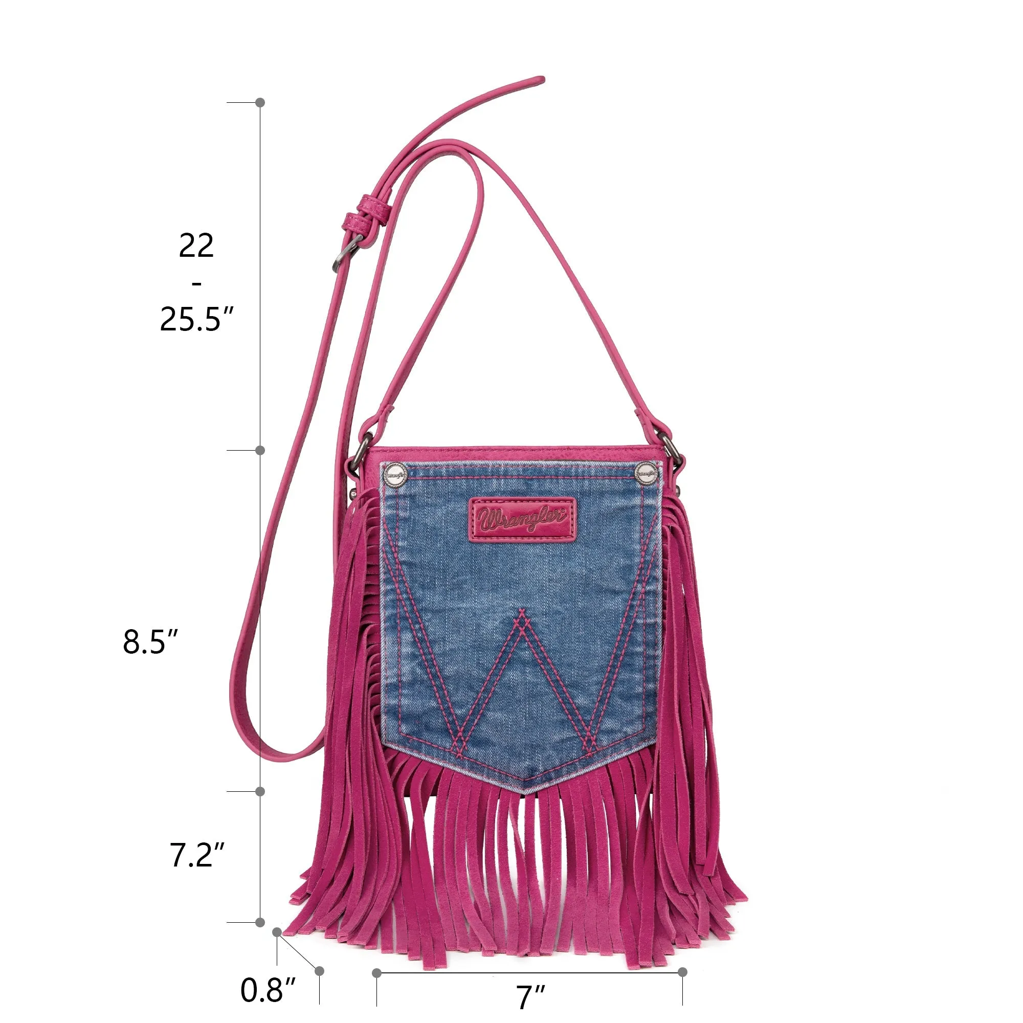 Wrangler Leather Fringe Jean Denim Pocket Crossbody - Hot Pink