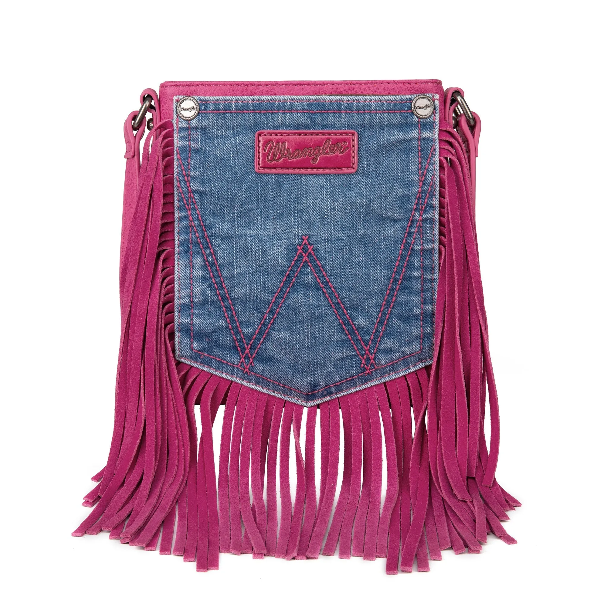 Wrangler Leather Fringe Jean Denim Pocket Crossbody - Hot Pink